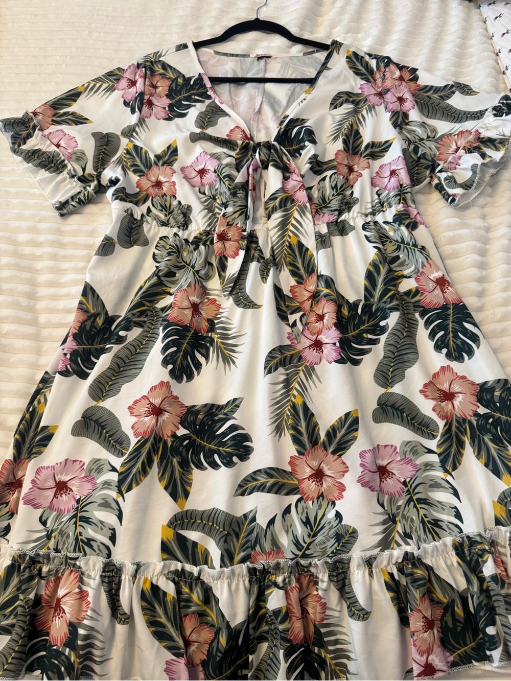 Tropical Floral Tie-Front Dress - White Base with Pink & Green Print. Very retro